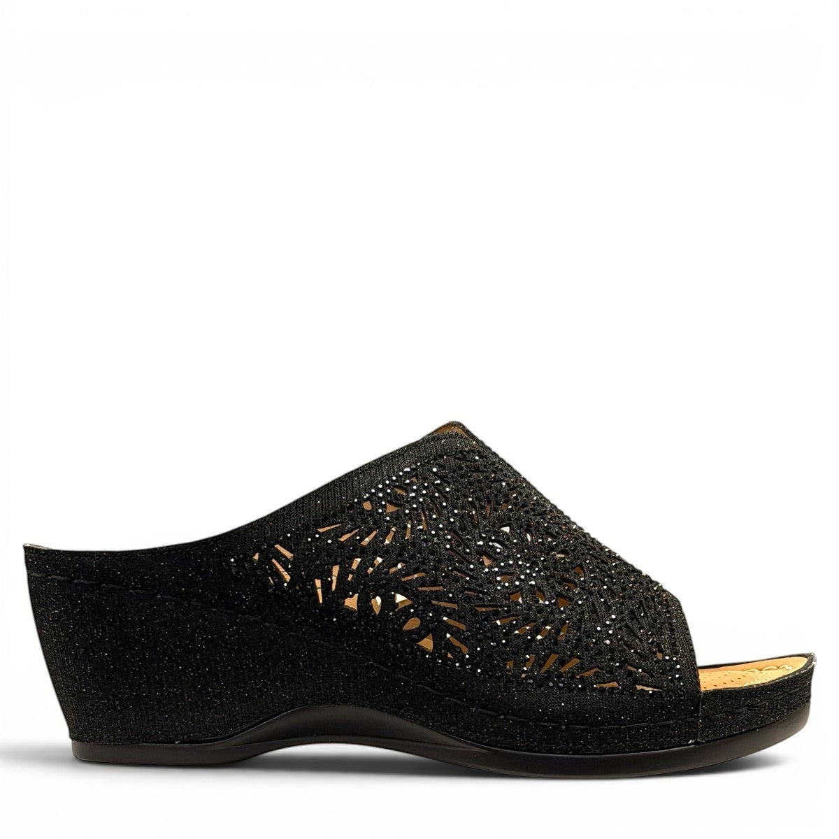 stefania S5036 black sparkle wedge sandals with elegant laser-cut detailing and a comfortable cushioned footbed.
photo of the right side