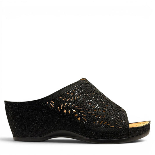 stefania S5036 black sparkle wedge sandals with elegant laser-cut detailing and a comfortable cushioned footbed.
photo of the right side