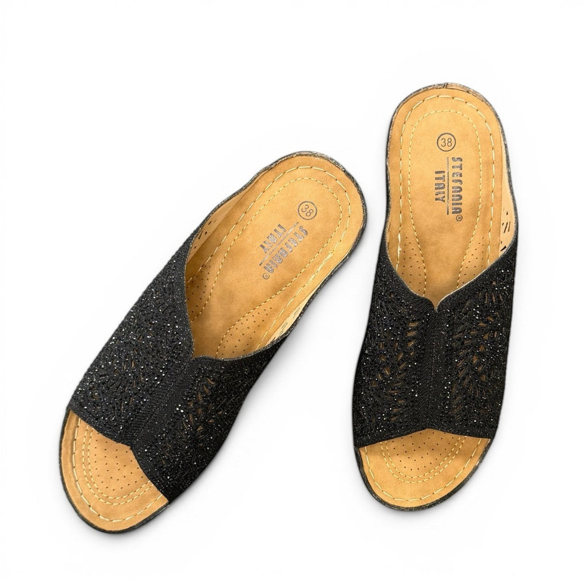stefania S5036 black sparkle wedge sandals with elegant laser-cut detailing and a comfortable cushioned footbed.
photo of the top side
