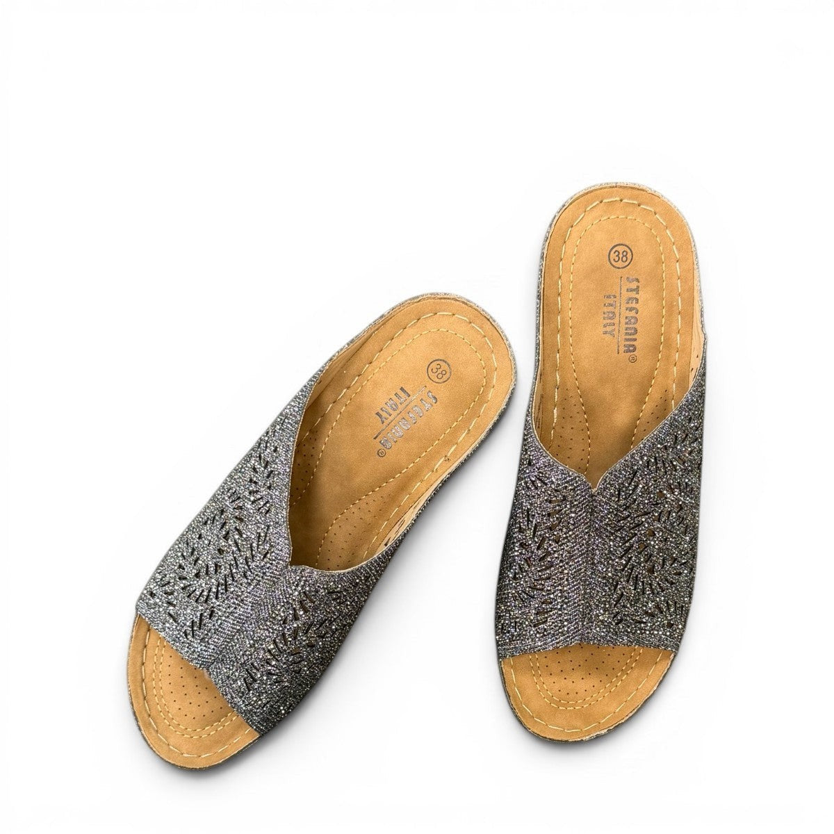 stefania S5036 pewter sparkle wedge sandals with elegant laser-cut detailing and a comfortable cushioned footbed.
photo of the top side
