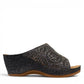 stefania S5036 pewter sparkle wedge sandals with elegant laser-cut detailing and a comfortable cushioned footbed.
photo of the right side