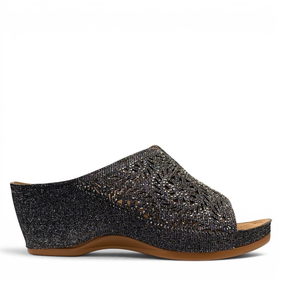 stefania S5036 pewter sparkle wedge sandals with elegant laser-cut detailing and a comfortable cushioned footbed.
photo of the right side