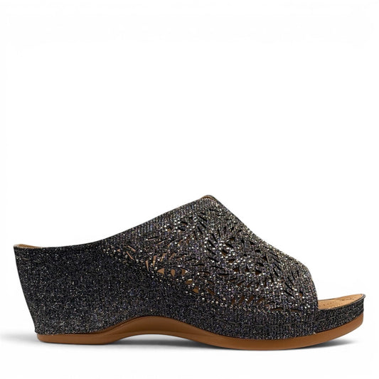 stefania S5036 pewter sparkle wedge sandals with elegant laser-cut detailing and a comfortable cushioned footbed.
photo of the right side