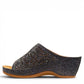stefania S5036 pewter sparkle wedge sandals with elegant laser-cut detailing and a comfortable cushioned footbed.
photo of the left side