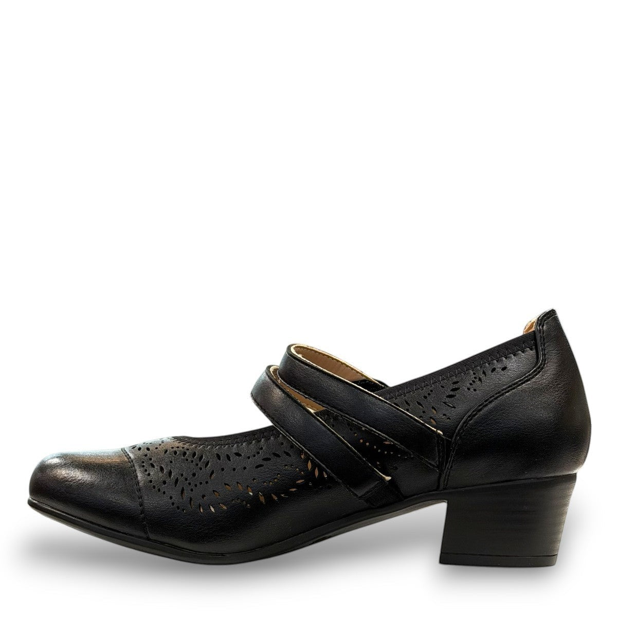 stefania aria black Mary Jane shoe with decorative laser-cut perforations, dual straps, and a stable block heel.
photo of the left side