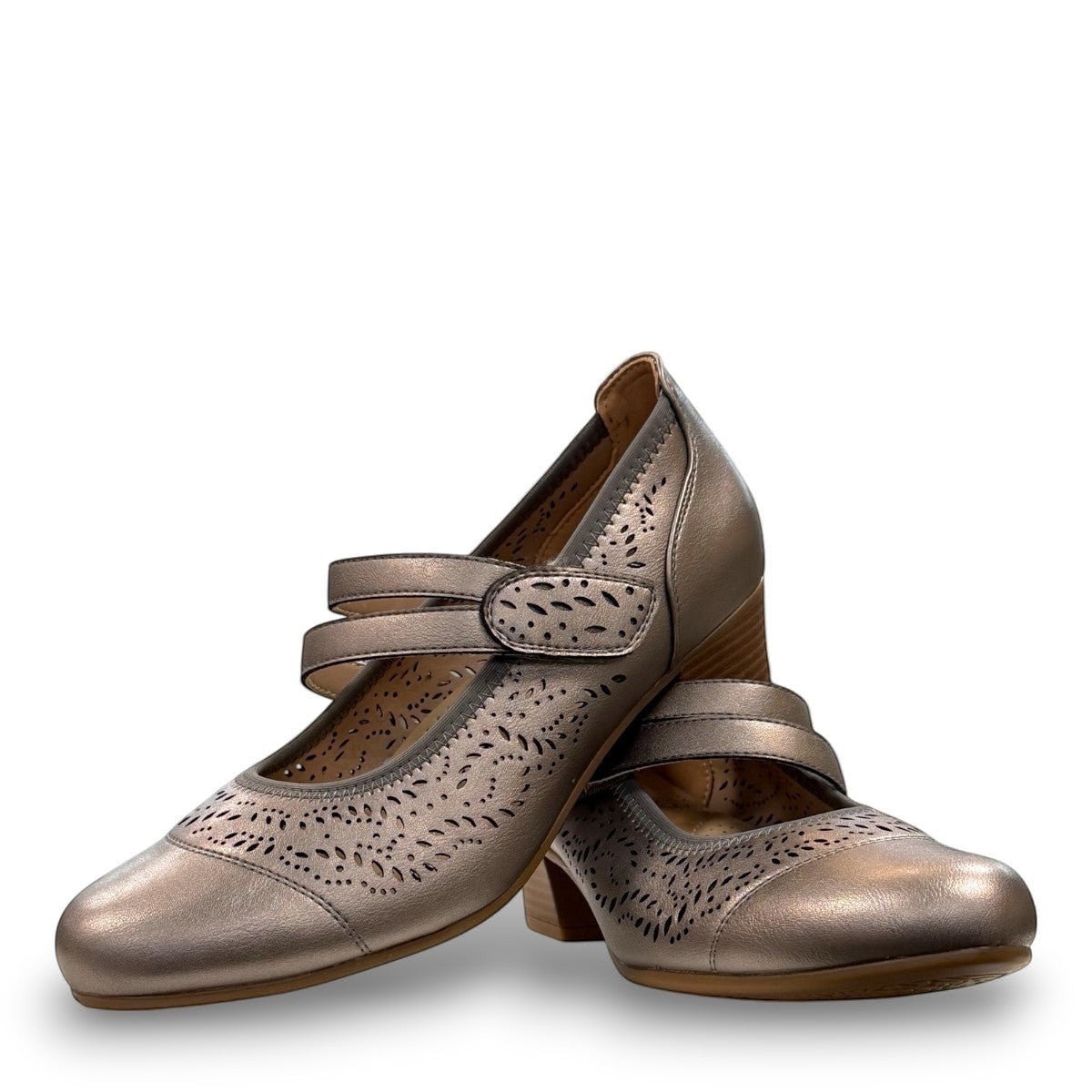 stefania aria pewter Mary Jane shoes with decorative laser-cut perforations, dual straps, and a stable block heel.
photo of the front side