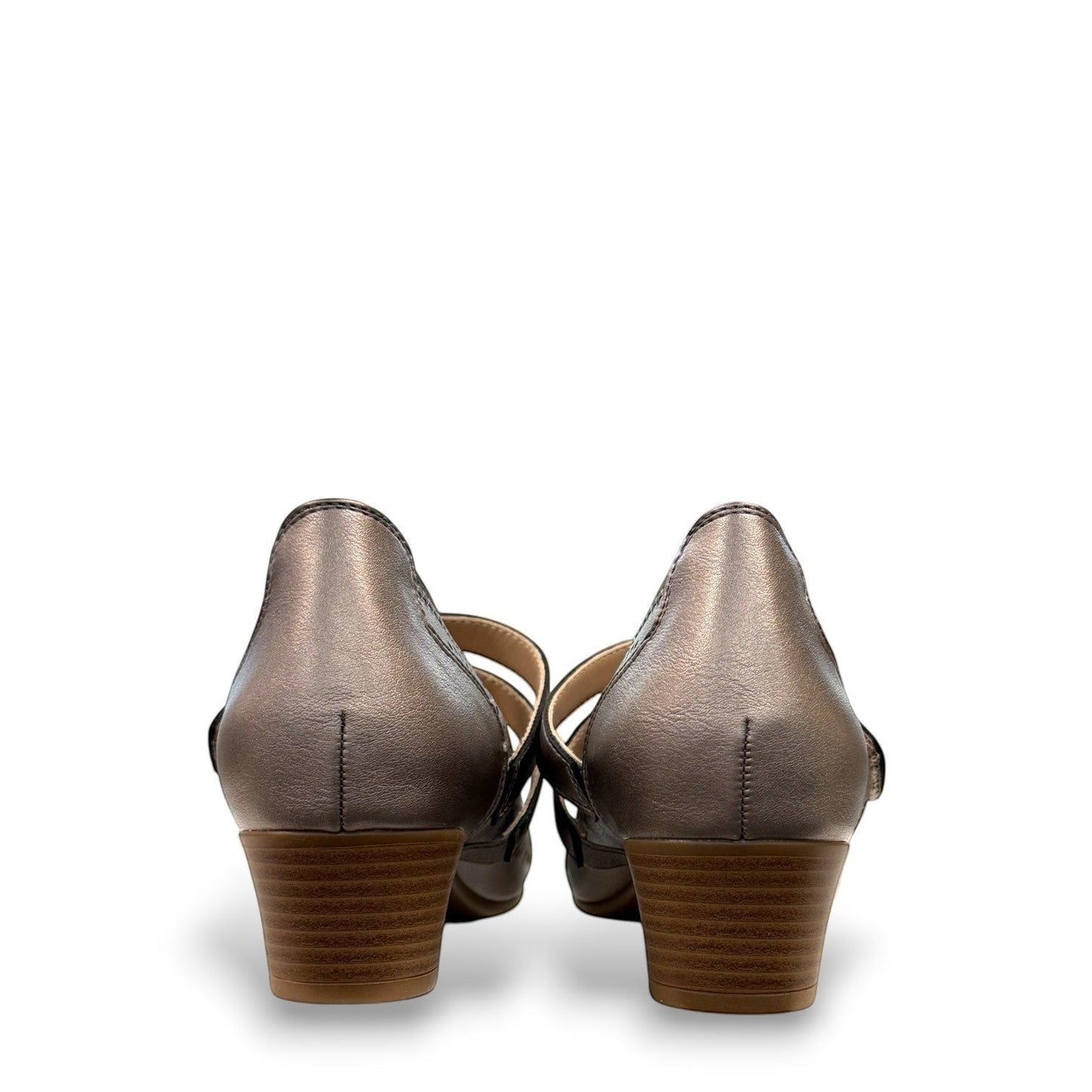 stefania aria pewter Mary Jane shoes with decorative laser-cut perforations, dual straps, and a stable block heel.
photo of the back side