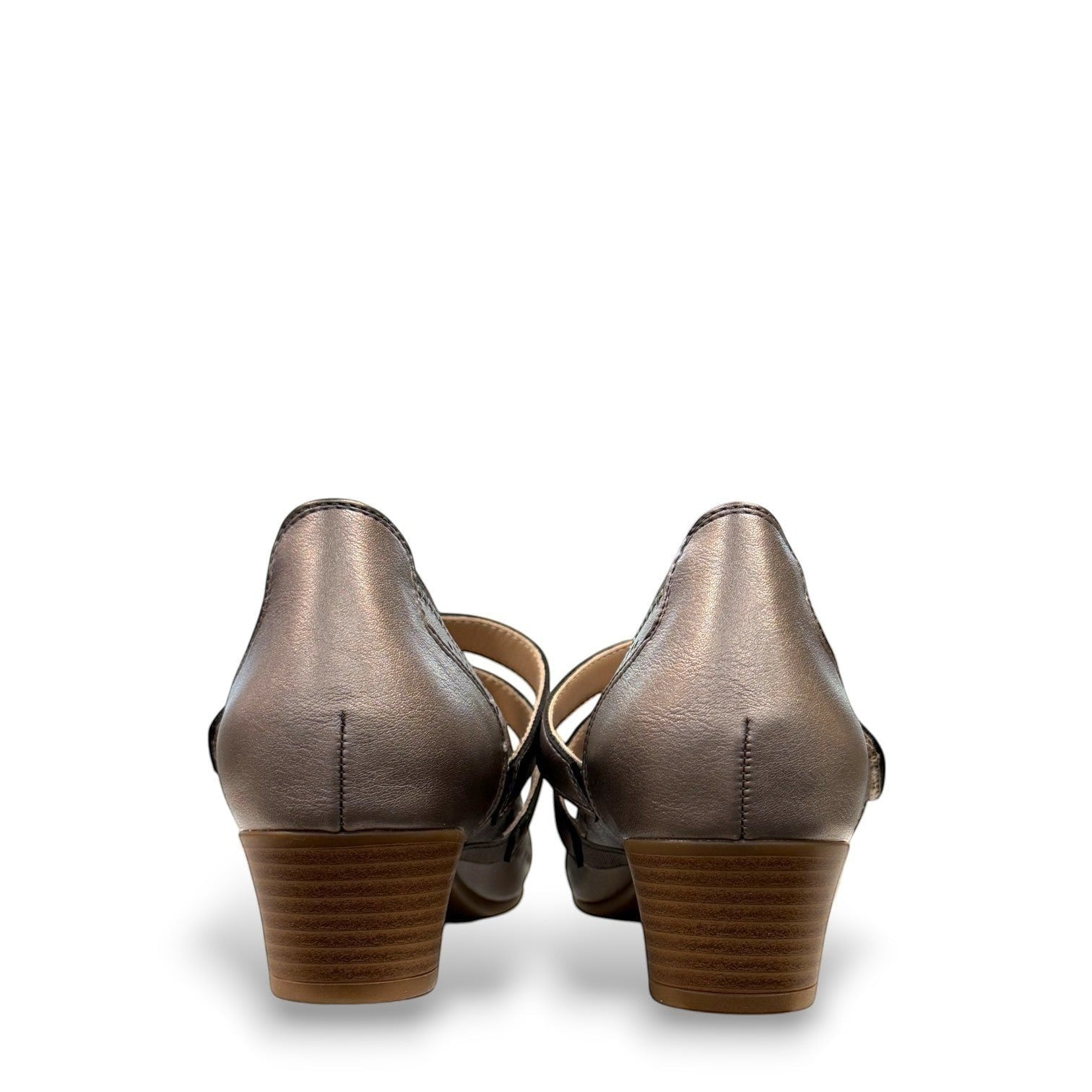 stefania aria pewter Mary Jane shoes with decorative laser-cut perforations, dual straps, and a stable block heel.
photo of the back side