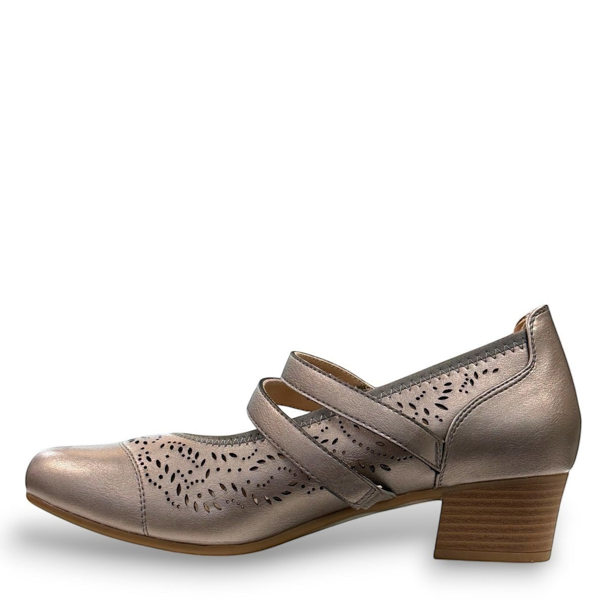stefania aria pewter Mary Jane shoes with decorative laser-cut perforations, dual straps, and a stable block heel.
photo of the left side