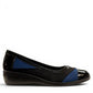 STEFANIA ballet flat in black and navy with a patent toe cap and low-profile wedge heel.
photo of the right side