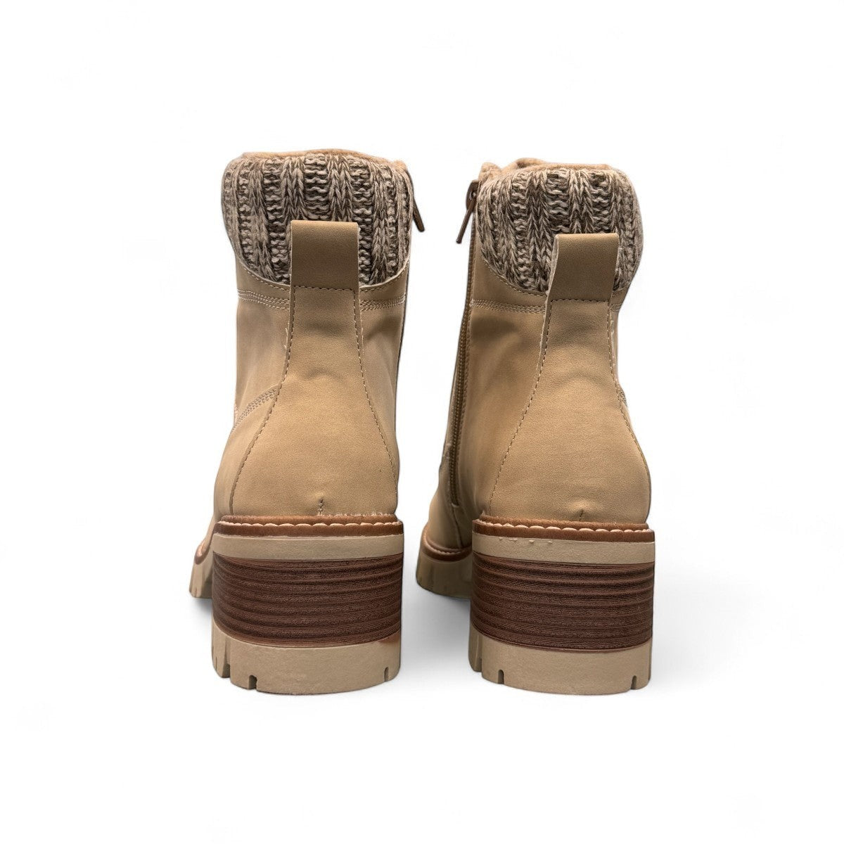 stefania F700 beige synthetic lace-up boot with a knitted cuff, side zip, and chunky block heel.
photo of the back side