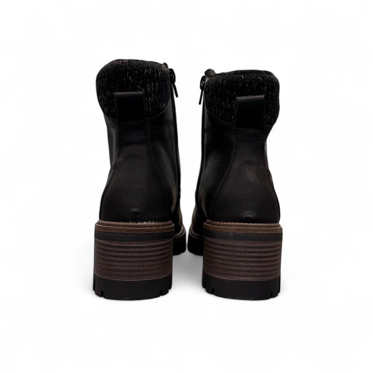STEFANIA F700 black synthetic lace-up boot with knitted cuff, side zip, and chunky block heel.
photo of the back side