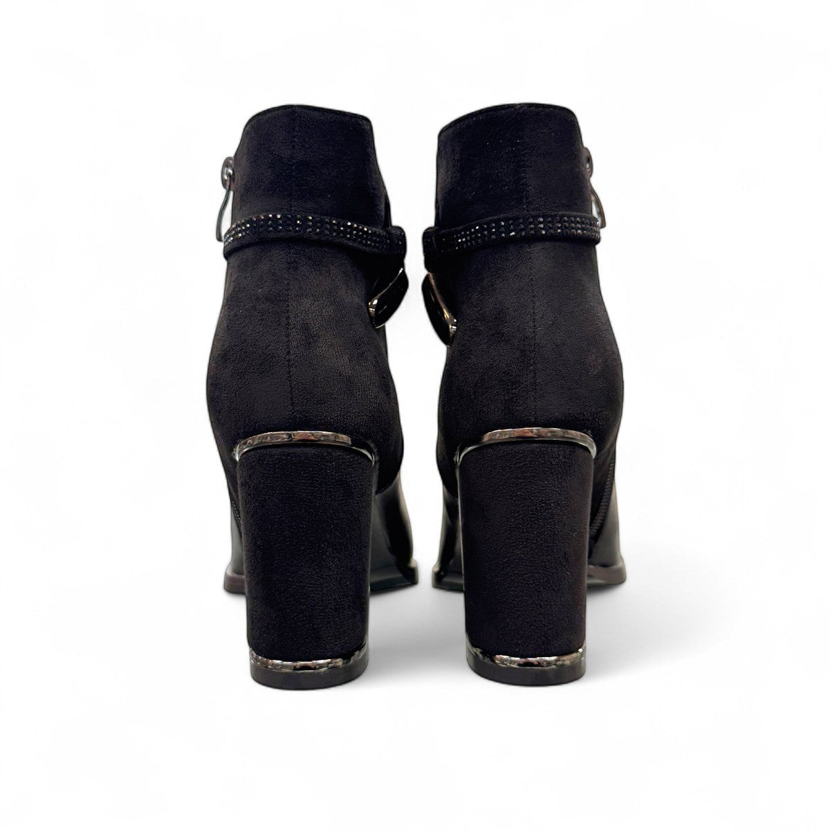 stefania black vegan leather dress booties with block heel, fur lining, and decorative side strap detail.
photo of the back side