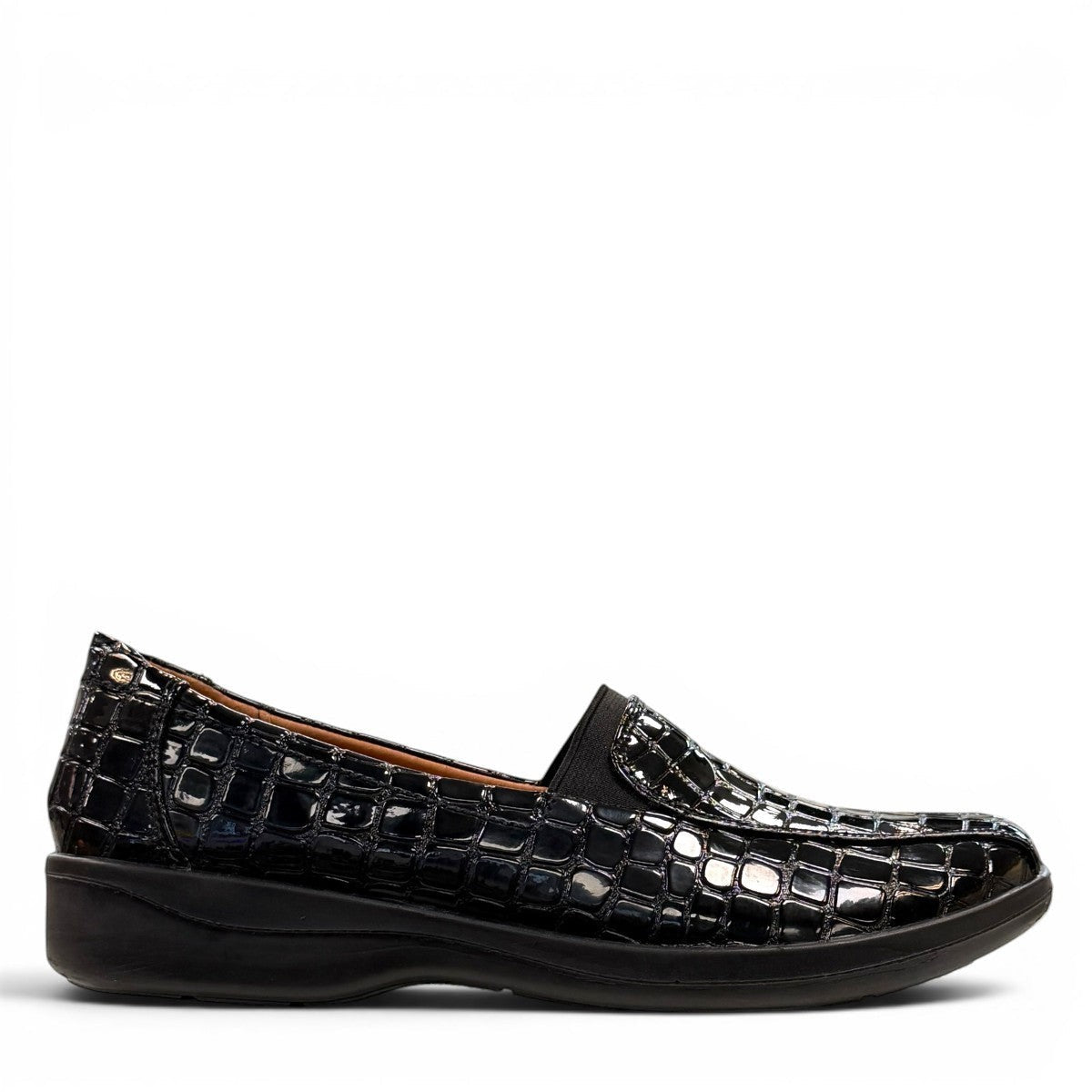 Stefania black croc-embossed slip-on shoe with a low wedge sole and elastic side panel for comfort.
photo of the right side