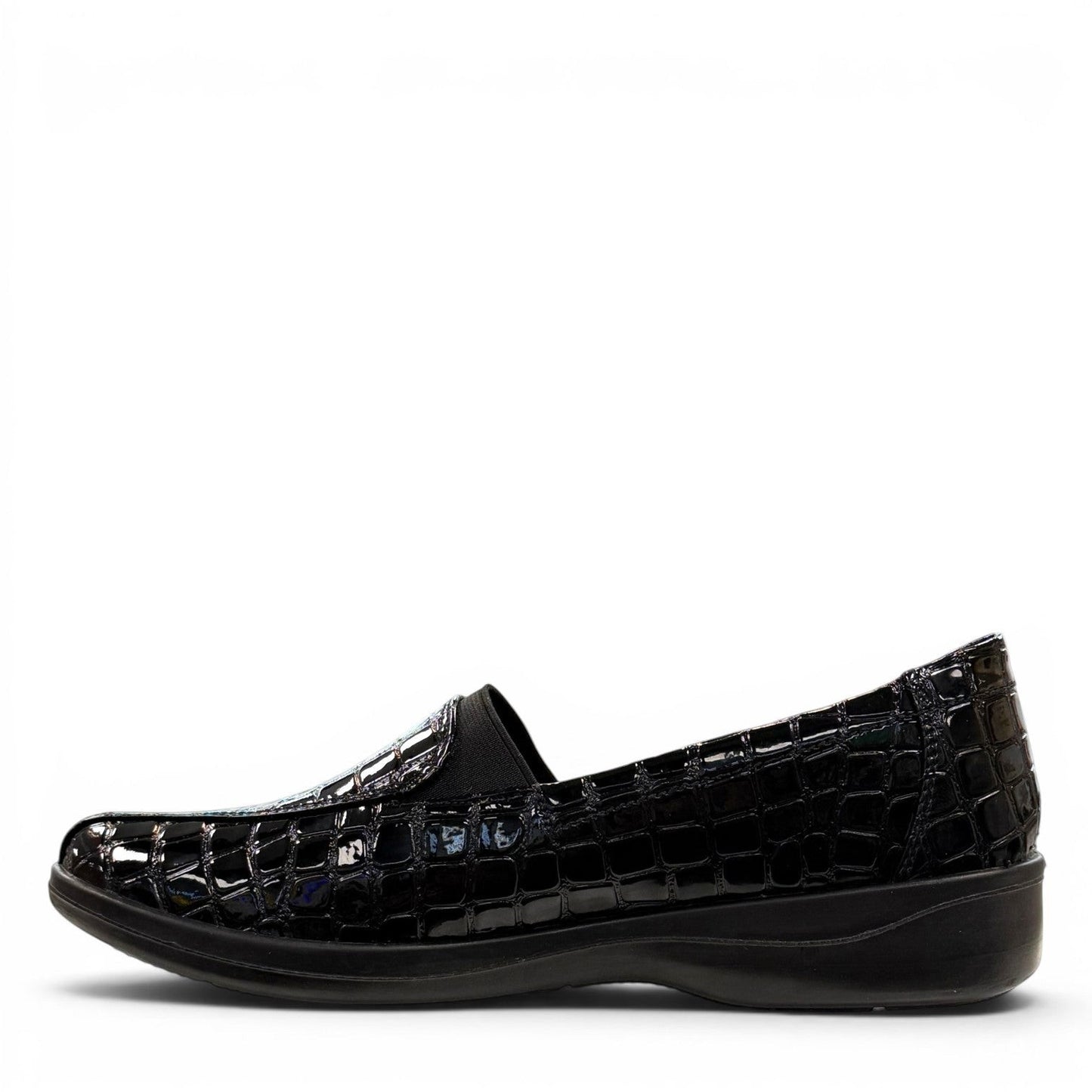 Stefania black croc-embossed slip-on shoe with a low wedge sole and elastic side panel for comfort.
photo of the left side