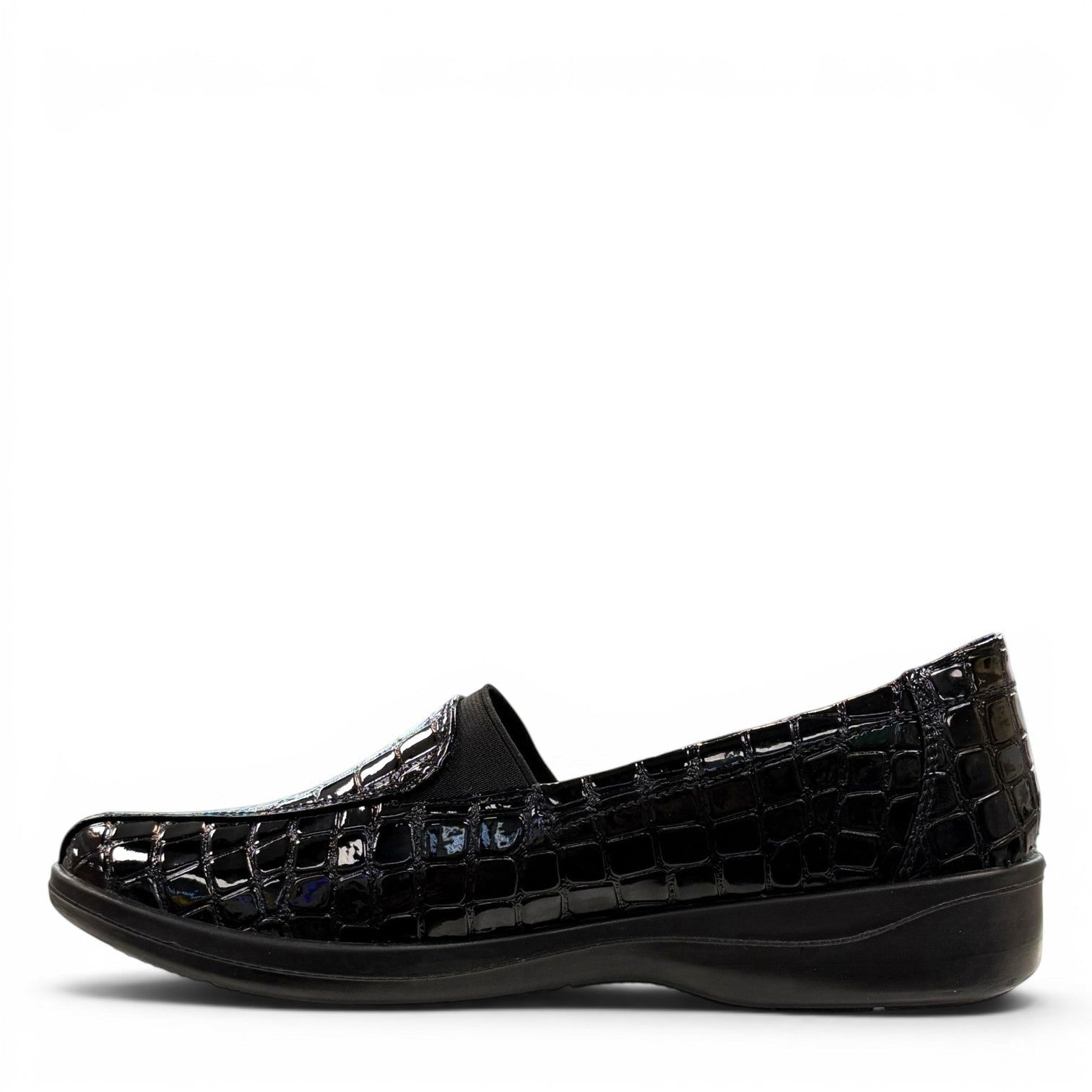 Stefania black croc-embossed slip-on shoe with a low wedge sole and elastic side panel for comfort.
photo of the left side
