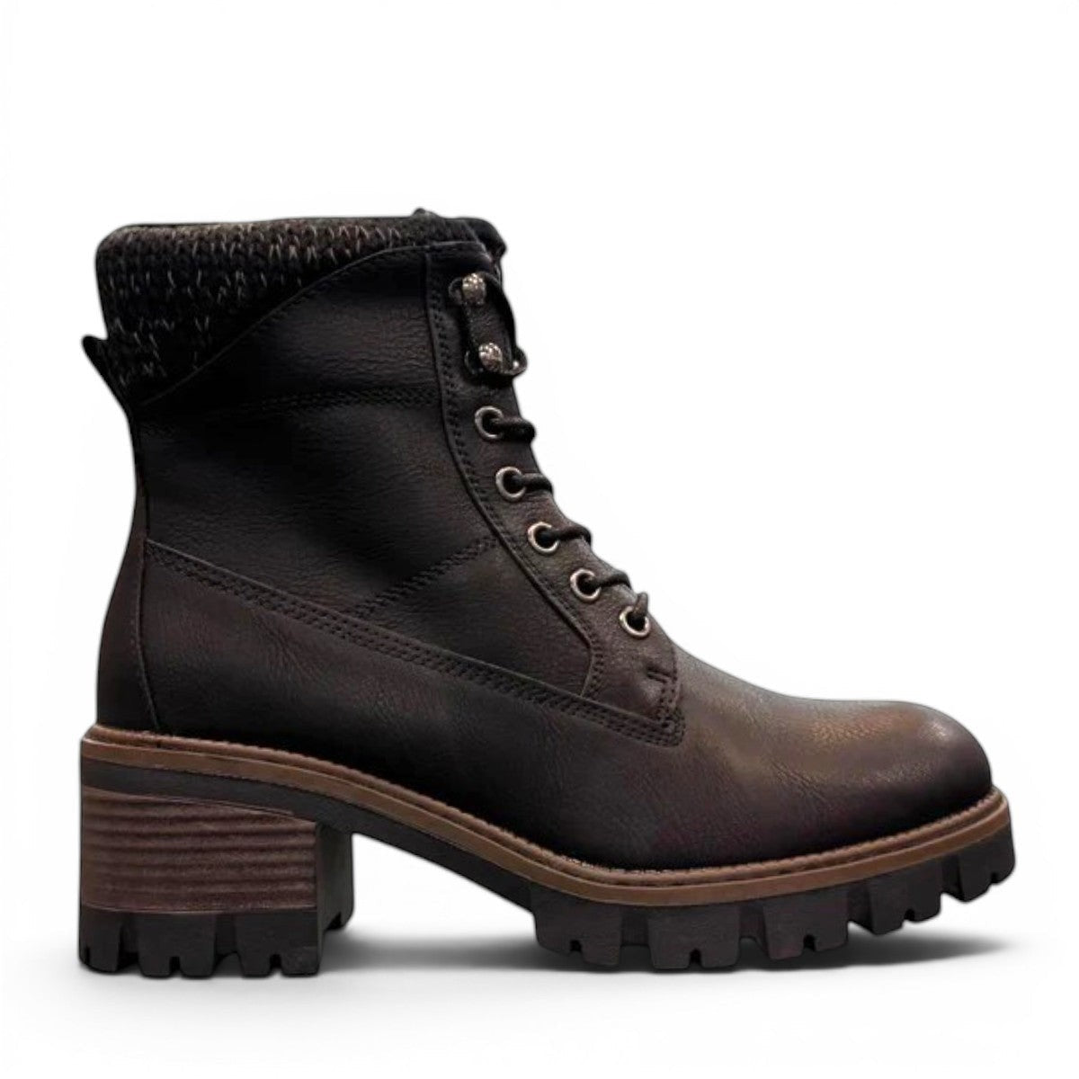 STEFANIA F700 black synthetic lace-up boot with knitted cuff, side zip, and chunky block heel.
photo of the right side