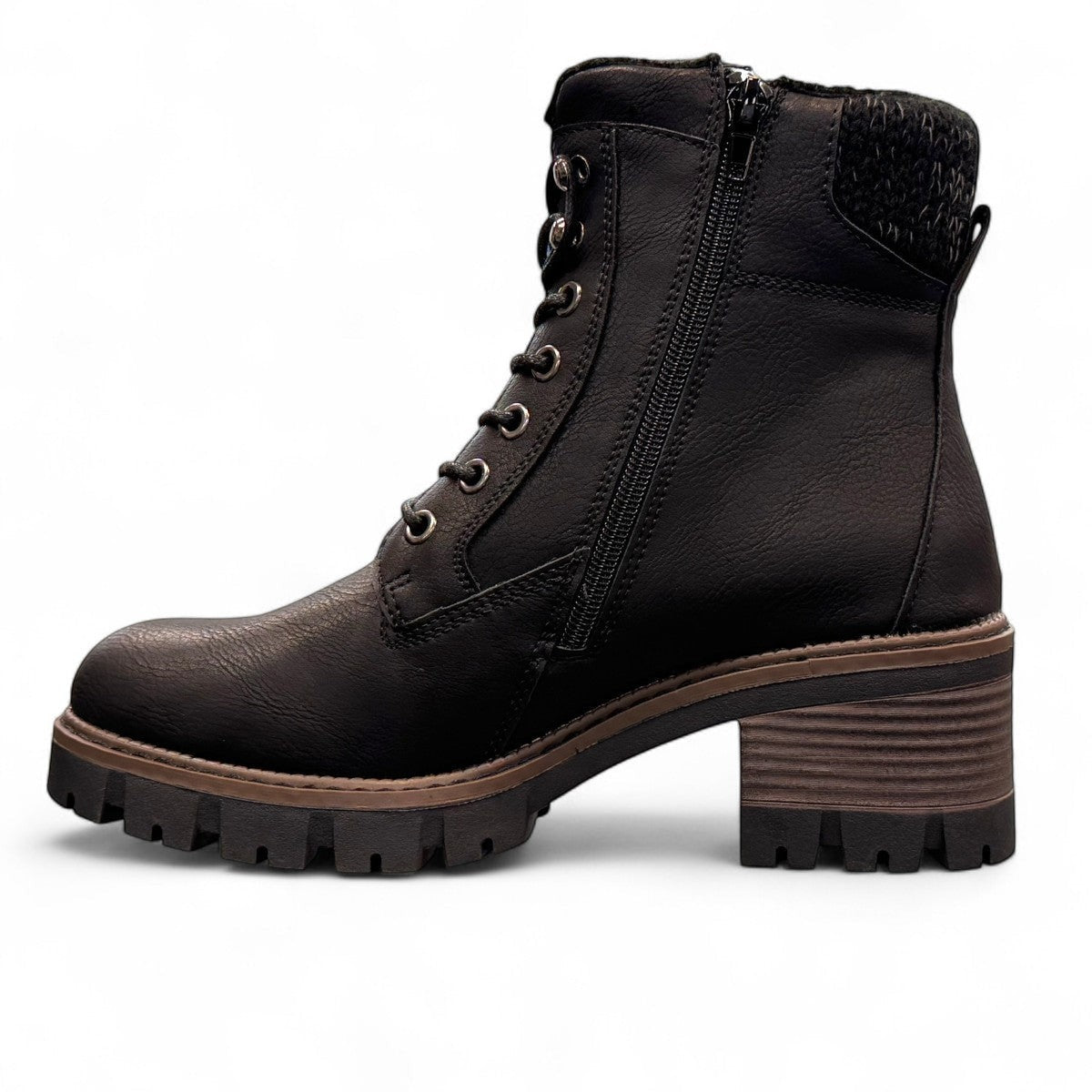 STEFANIA F700 black synthetic lace-up boot with knitted cuff, side zip, and chunky block heel.
photo of the left side
