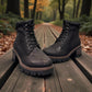 STEFANIA F700 black synthetic lace-up boot with knitted cuff, side zip, and chunky block heel.
photo of the front side
