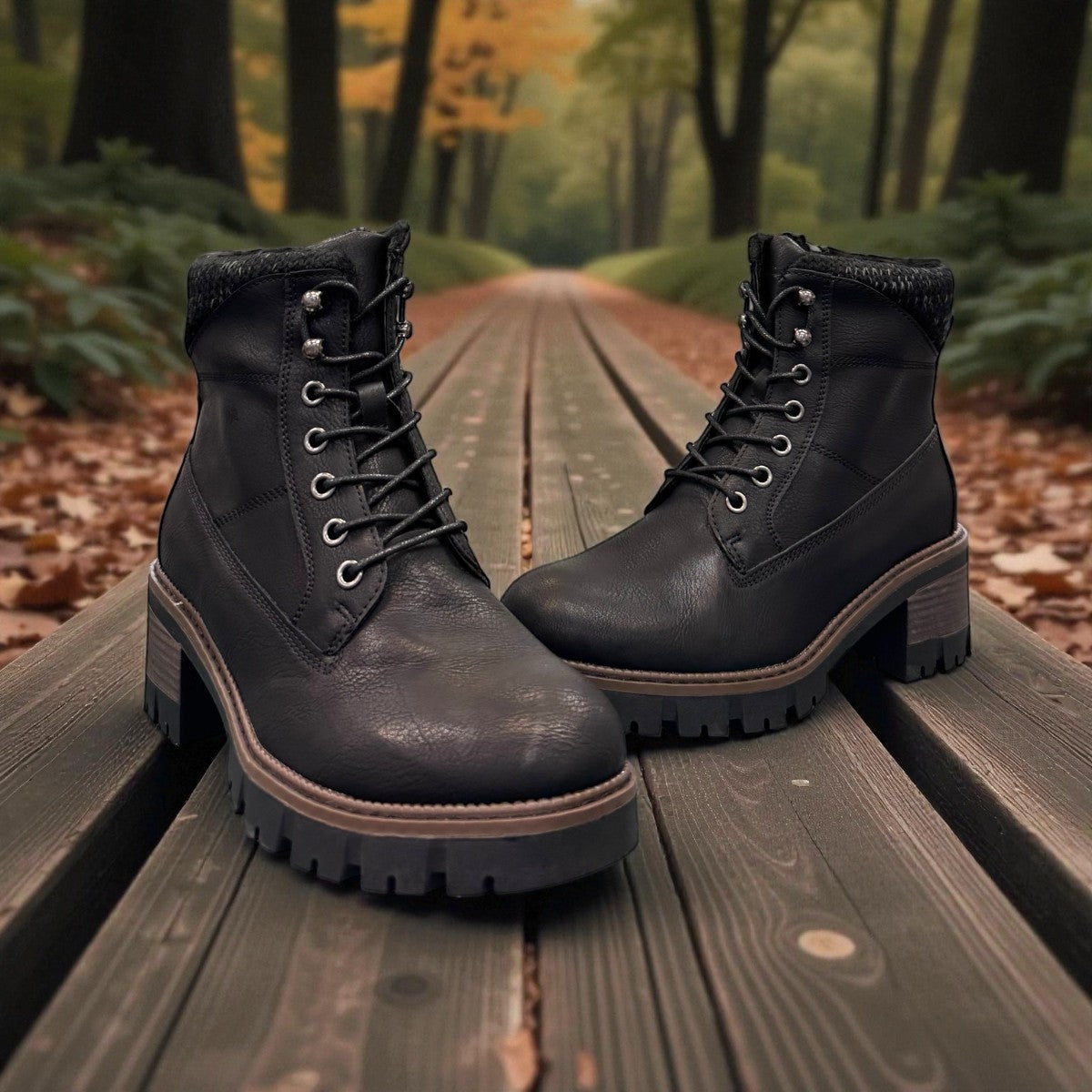 STEFANIA F700 black synthetic lace-up boot with knitted cuff, side zip, and chunky block heel.
photo of the front side