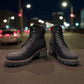 STEFANIA F700 black synthetic lace-up boot with knitted cuff, side zip, and chunky block heel.
photo of the front side
