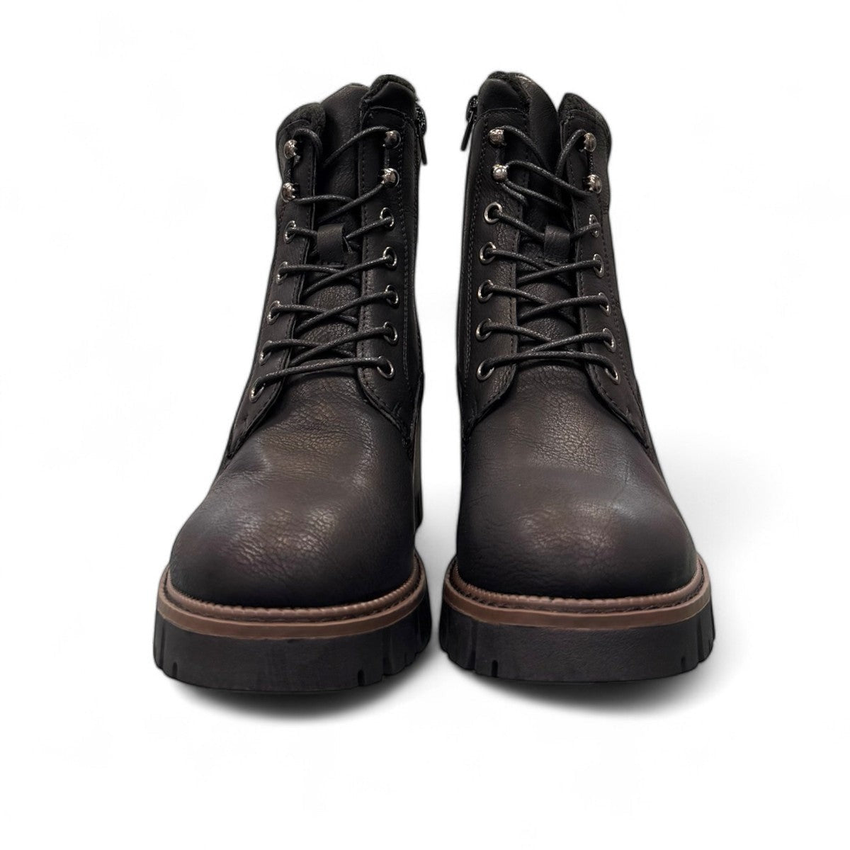 STEFANIA F700 black synthetic lace-up boot with knitted cuff, side zip, and chunky block heel.
photo of the front side