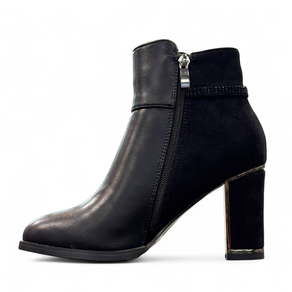 stefania black vegan leather dress booties with block heel, fur lining, and decorative side strap detail.
photo of the left side