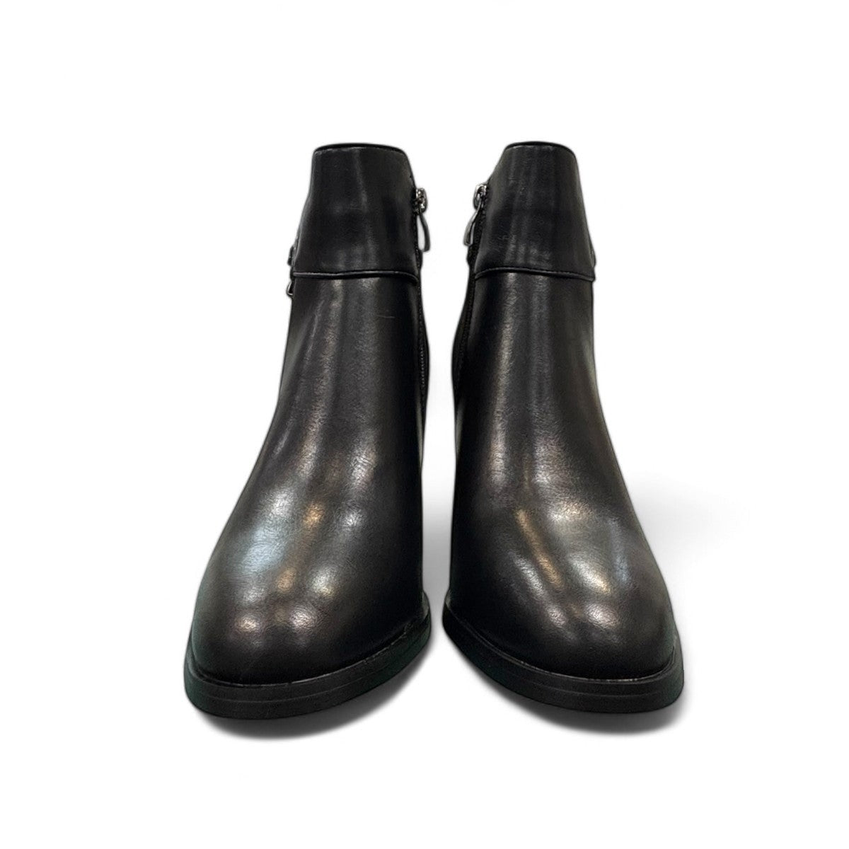 stefania black vegan leather dress booties with block heel, fur lining, and decorative side strap detail.
photo of the front side