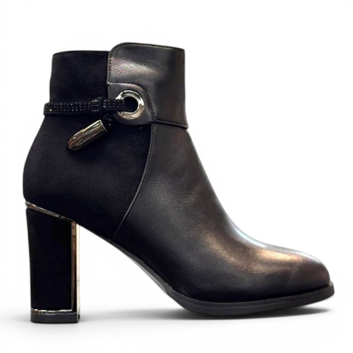 stefania black vegan leather dress booties with block heel, fur lining, and decorative side strap detail.
photo of the right side