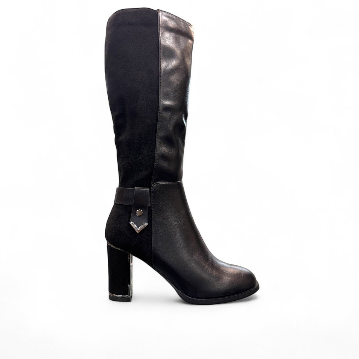 Stefania black vegan leather knee-high boots with fur lining, block heel, and metallic side detail.
photo of the right side