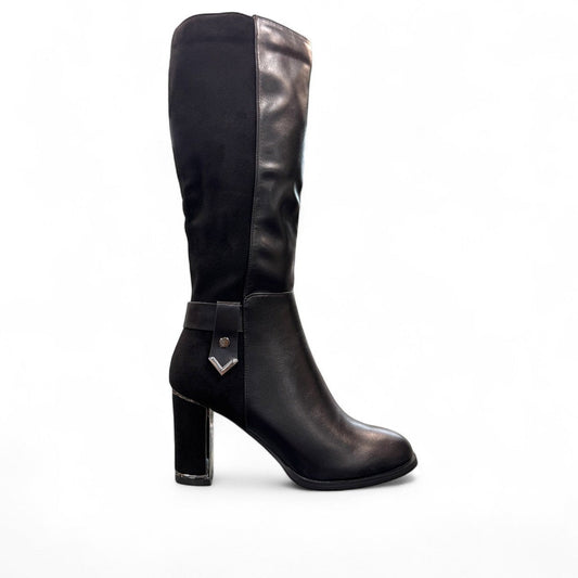 Stefania black vegan leather knee-high boots with fur lining, block heel, and metallic side detail.
photo of the right side