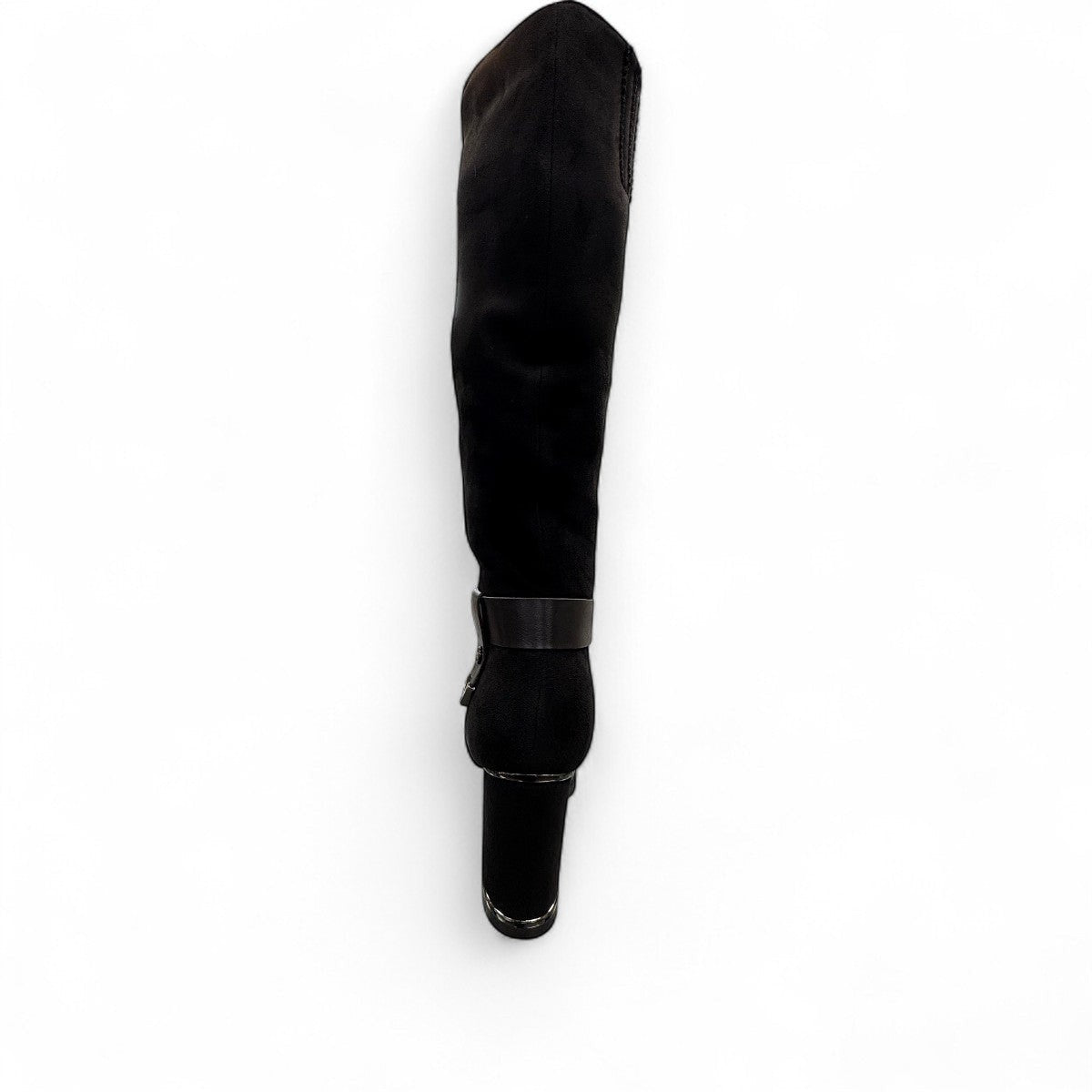 Stefania black vegan leather knee-high boots with fur lining, block heel, and metallic side detail.
photo of the back side