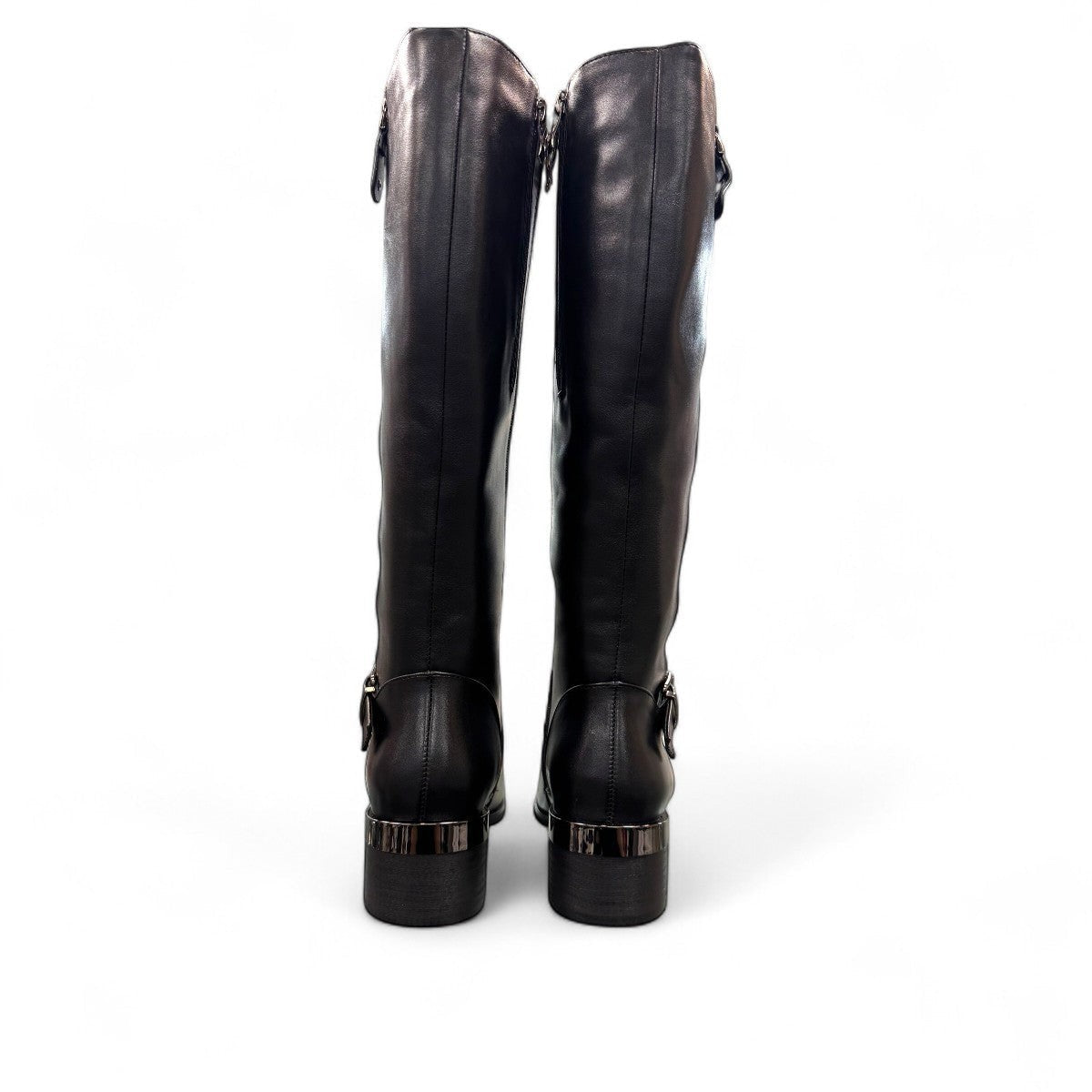 stefania black vegan leather high boots with side zipper, buckle detail, and block heel for winter wear.
photo of the back side