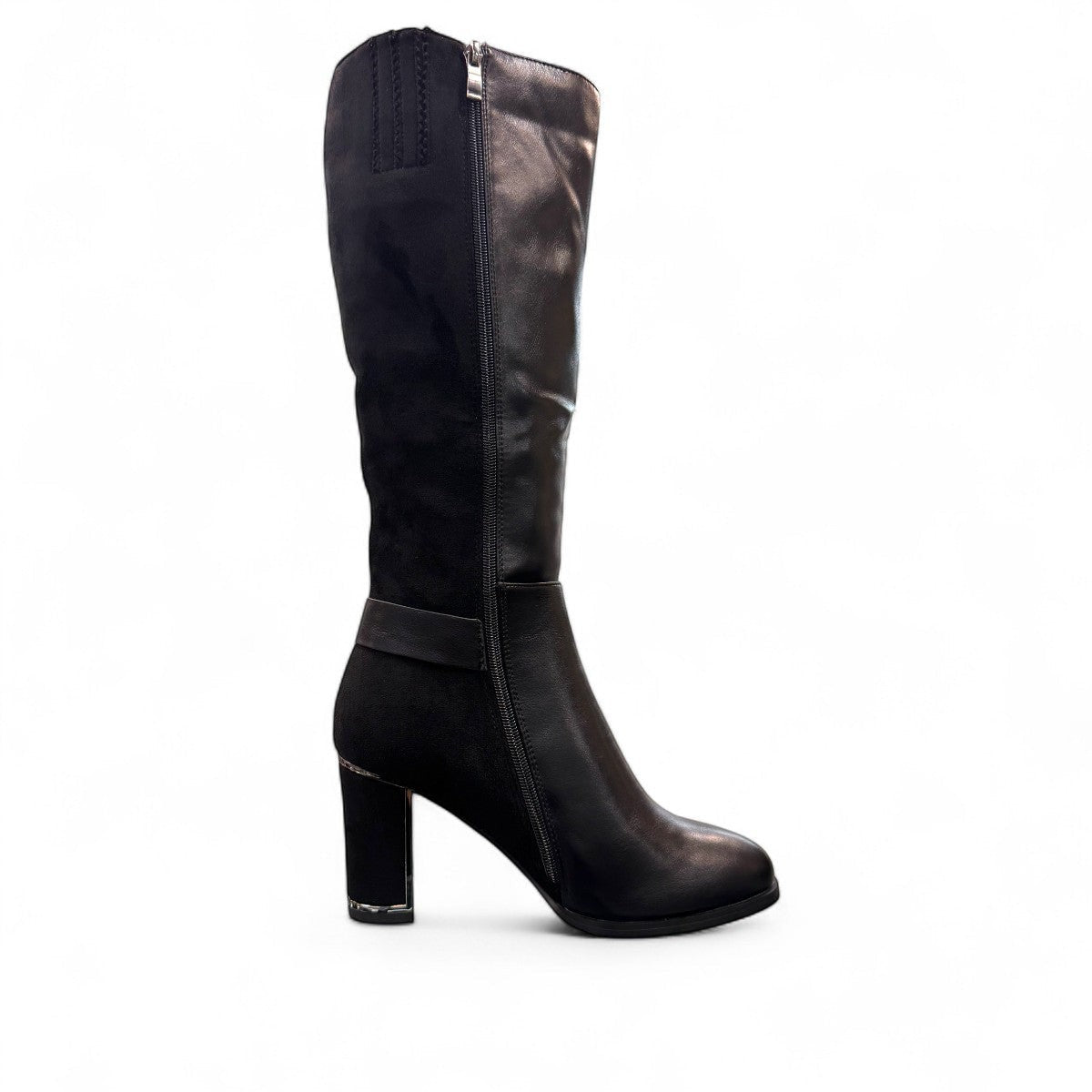 Stefania black vegan leather knee-high boots with fur lining, block heel, and metallic side detail.
photo of the left side