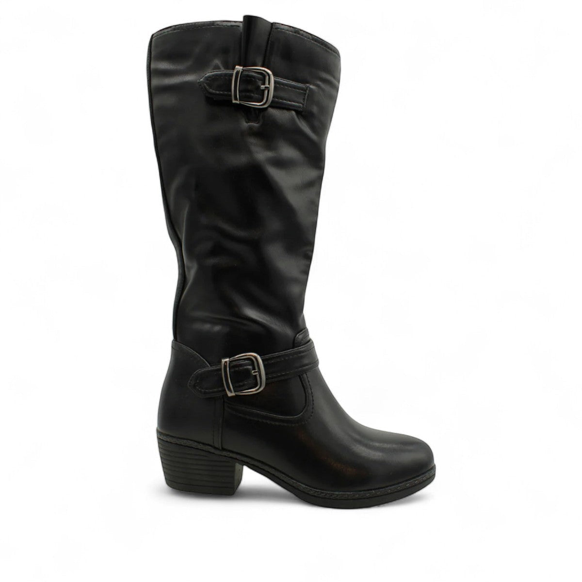 stefania black vegan leather knee-high boots with buckle straps, fur lining, and non-slip soles for winter.
photo of the right side