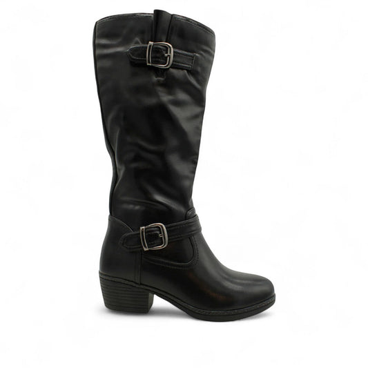 stefania black vegan leather knee-high boots with buckle straps, fur lining, and non-slip soles for winter.
photo of the right side