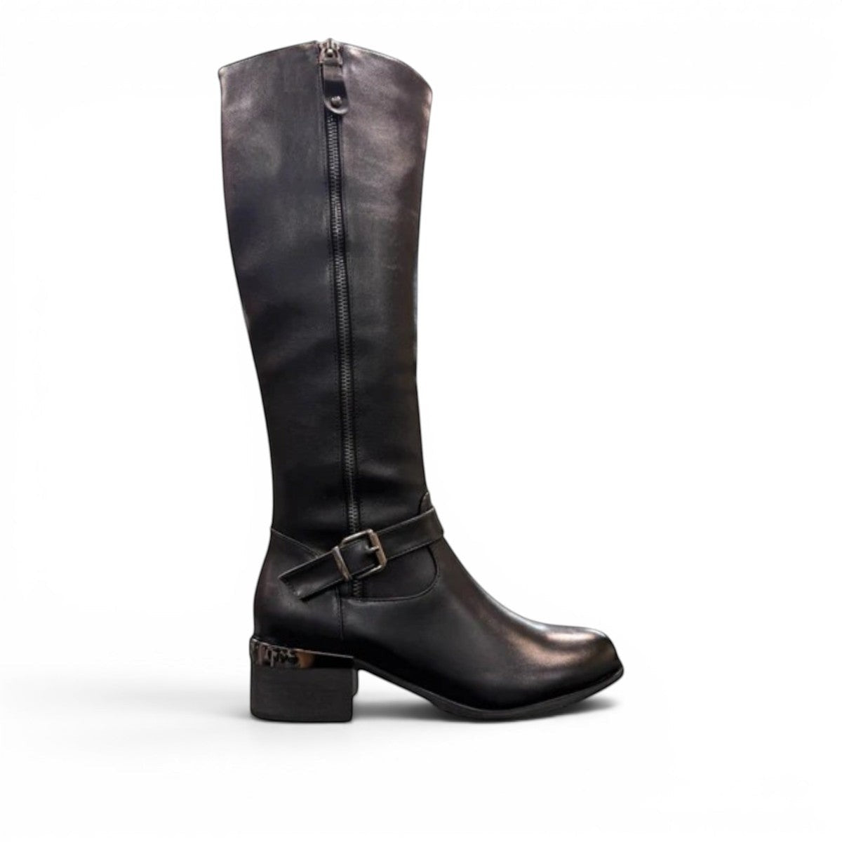 stefania black vegan leather high boots with side zipper, buckle detail, and block heel for winter wear.
photo of the right side