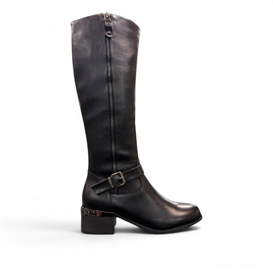 stefania black vegan leather high boots with side zipper, buckle detail, and block heel for winter wear.
photo of the right side