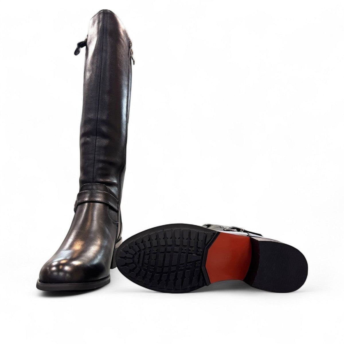 stefania black vegan leather high boots with side zipper, buckle detail, and block heel for winter wear.
photo of the bottom side