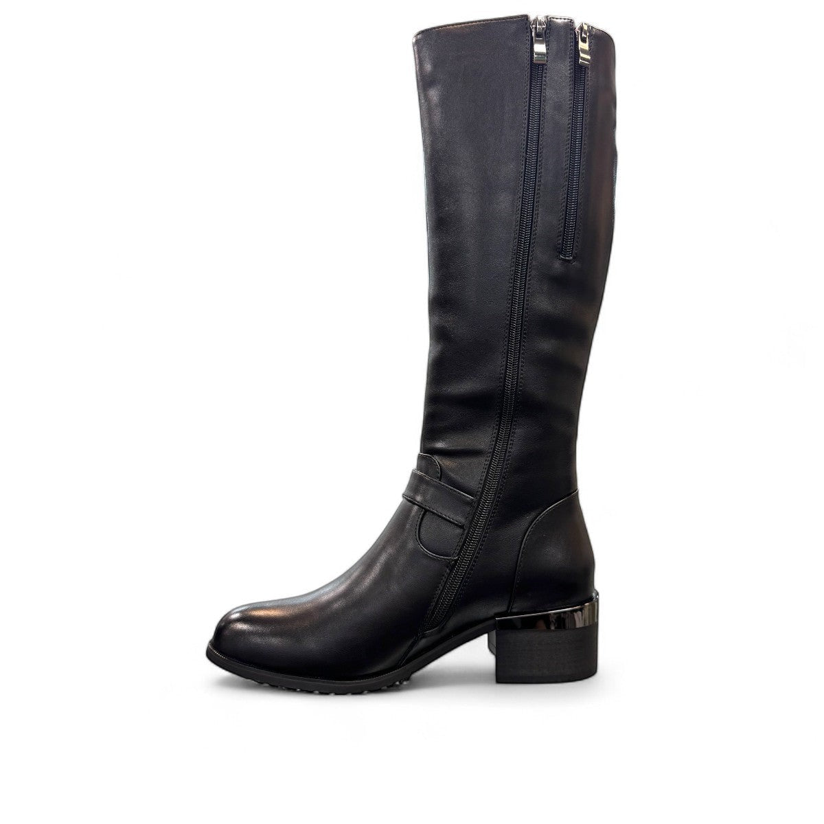 stefania black vegan leather high boots with side zipper, buckle detail, and block heel for winter wear.
photo of the left side