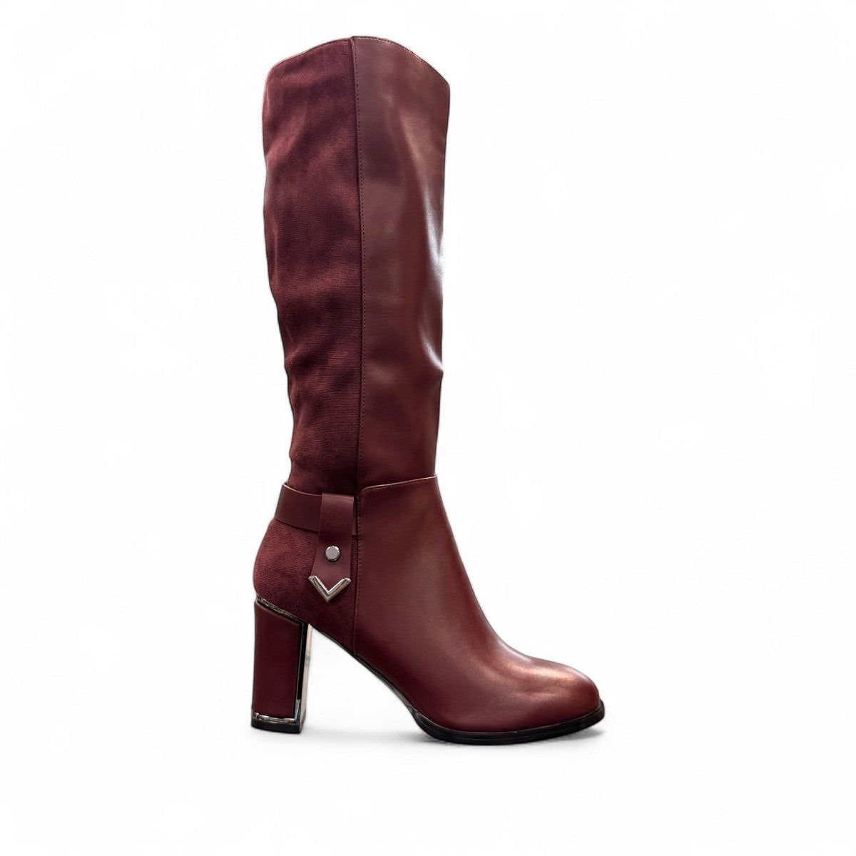 stefania bordo vegan leather knee-high boots with block heel, suede-like panels, and metallic side detail.
photo of the right side