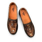 Stefania bronze croc-embossed slip-on shoe with a low wedge sole and elastic side panel.
photo of the top side