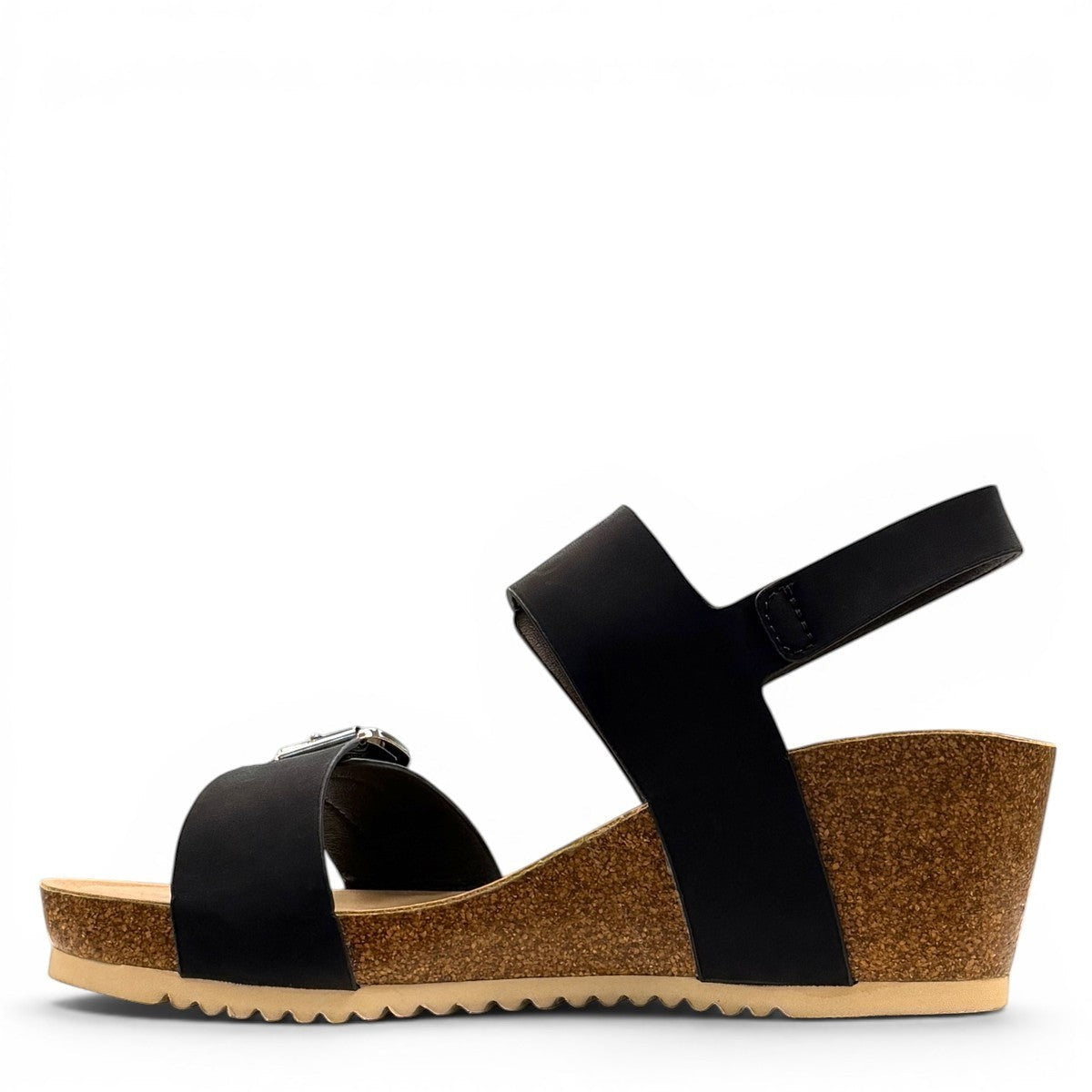stefania dalia black double-strap wedge sandals with adjustable buckles, cushioned footbed, and cork-style platform sole.
photo of the left side