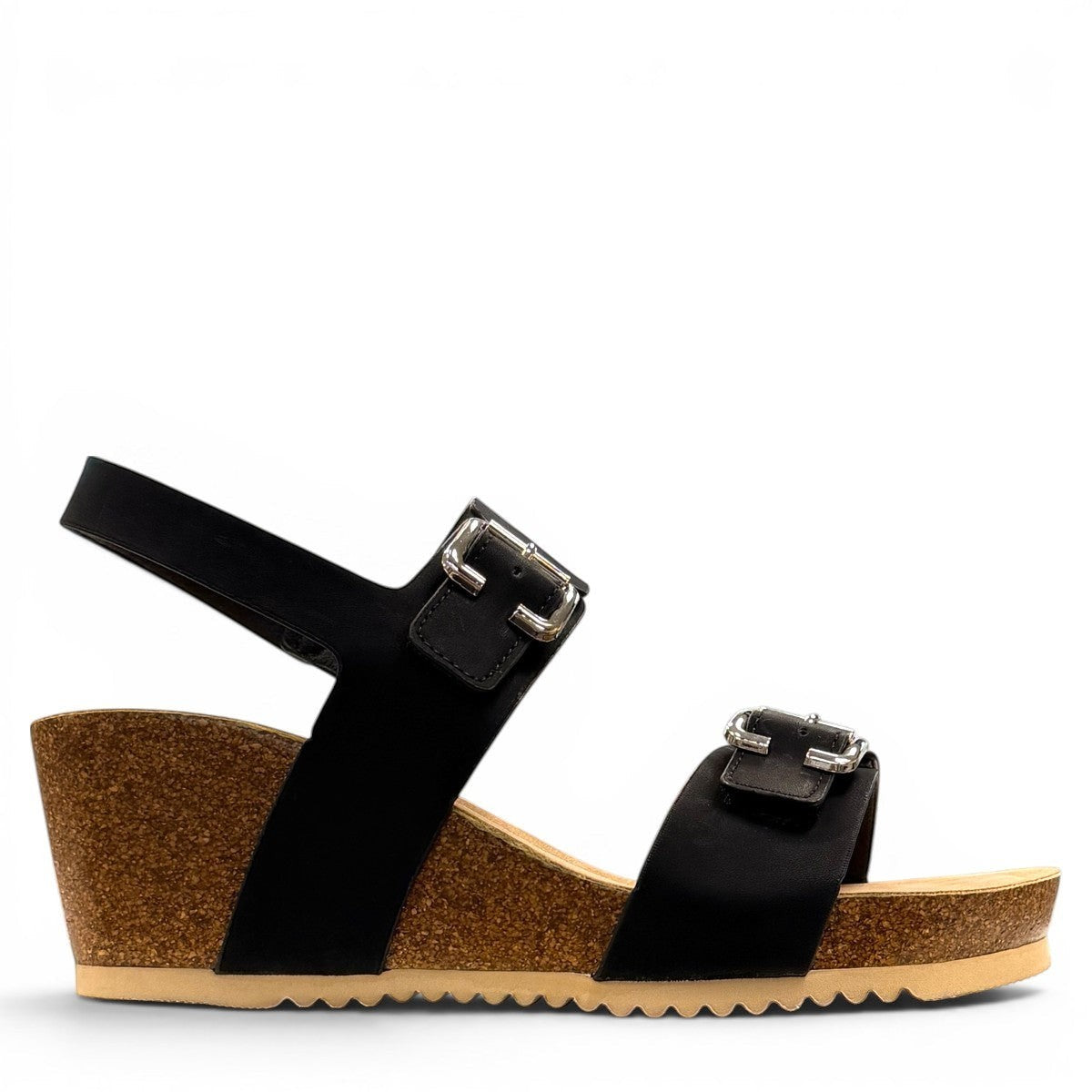 stefania dalia black double-strap wedge sandals with adjustable buckles, cushioned footbed, and cork-style platform sole.
photo of the right side