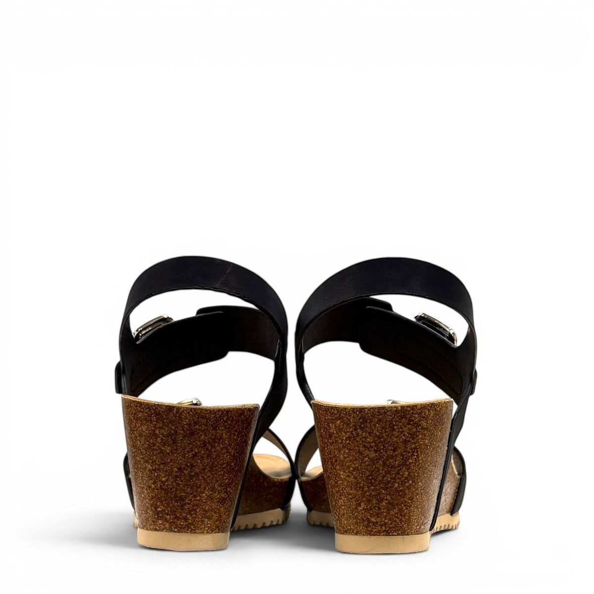 stefania dalia black double-strap wedge sandals with adjustable buckles, cushioned footbed, and cork-style platform sole.
photo of the back side