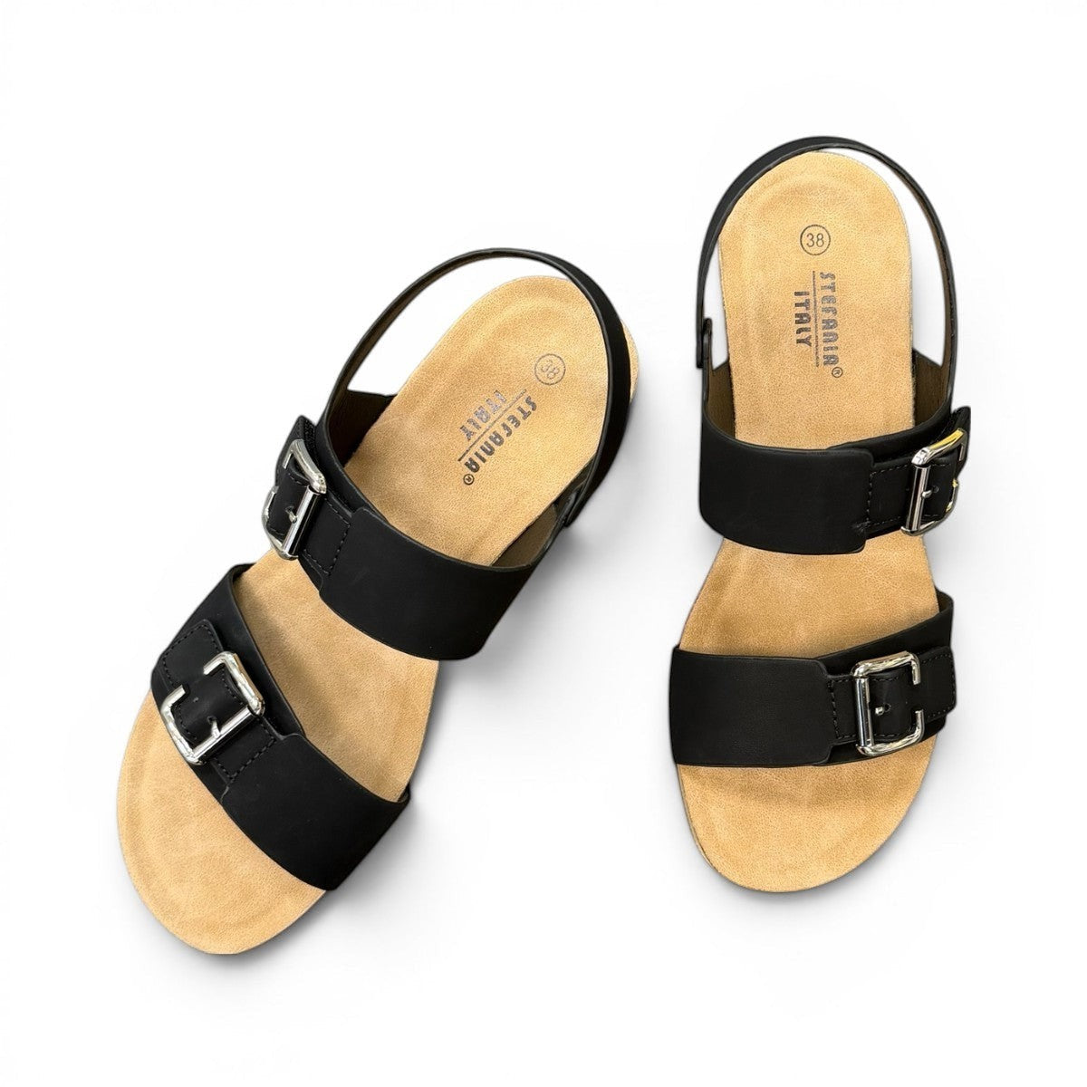 stefania dalia black double-strap wedge sandals with adjustable buckles, cushioned footbed, and cork-style platform sole.
photo of the top side