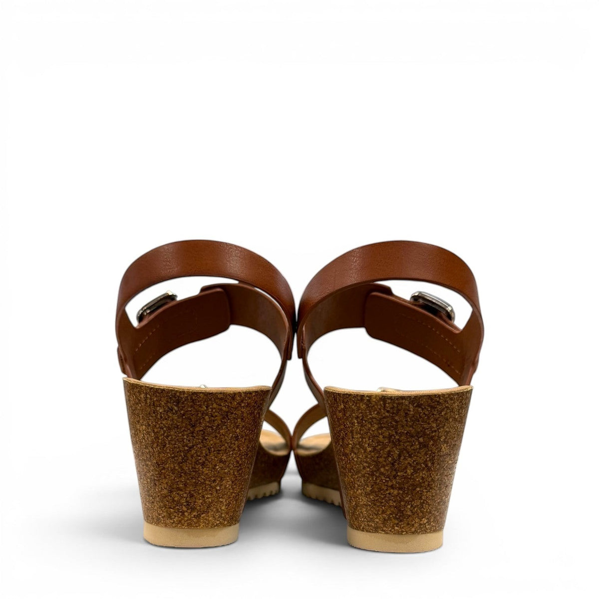 stefania-dalia brown double-strap wedge sandals with adjustable buckles and a cushioned cork-style platform sole.
photo of the back side