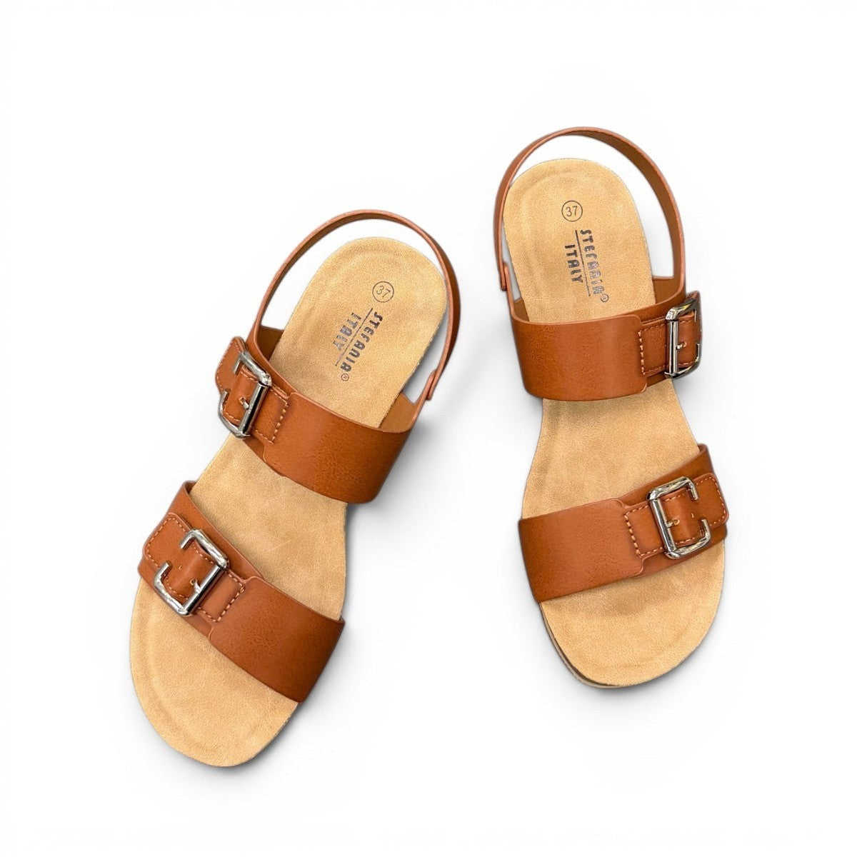 stefania-dalia brown double-strap wedge sandals with adjustable buckles and a cushioned cork-style platform sole.
photo of the top side