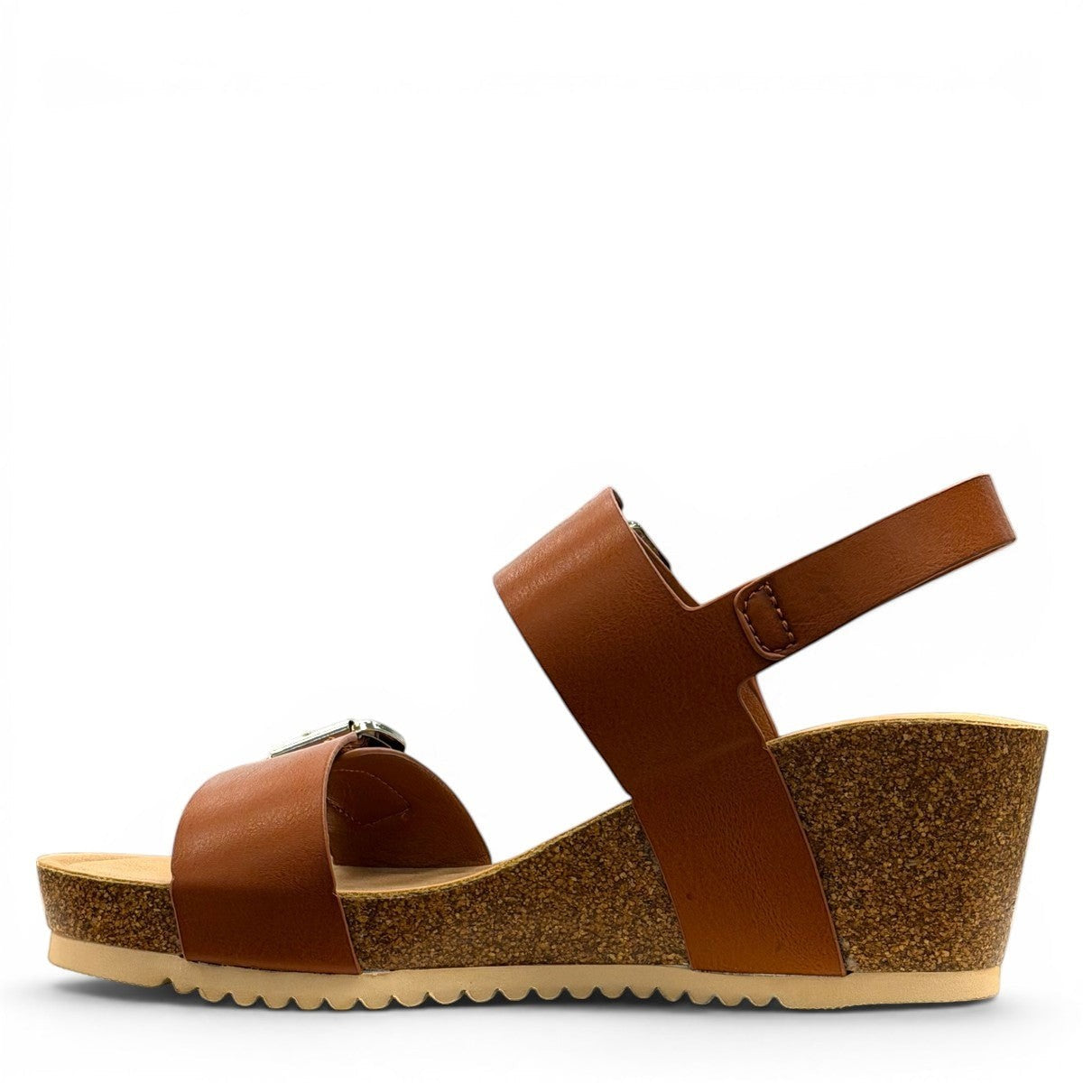stefania-dalia brown double-strap wedge sandals with adjustable buckles and a cushioned cork-style platform sole.
photo of the left side