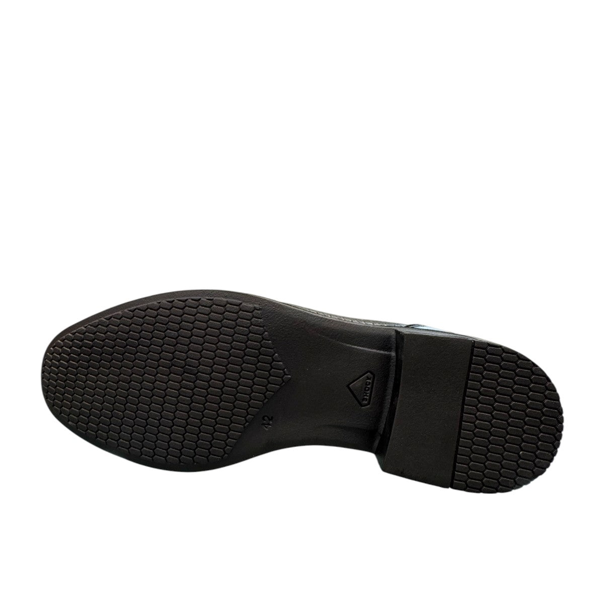 Sun Arad black leather slip-on shoes with woven texture detail and durable rubber outsole. Photo of bottom view.